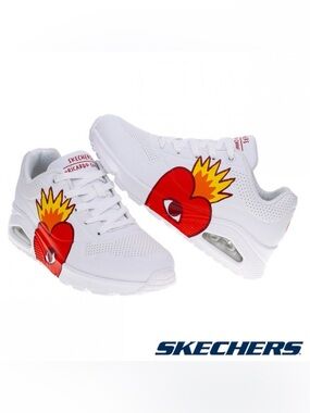 Skechers women White Sneakers with Red and Yellow Heart Graphic size 9.5 NWT